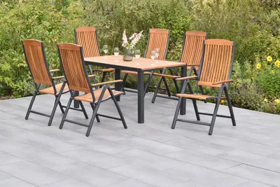 Produktbild von Merxx Gartenmöbel Set Athos 7tlg., 6 Klappsessel, Tisch 150 x 90 cm- Aluminium/Akazie