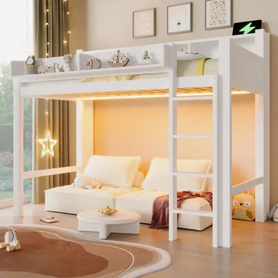 Immagine prodotto di Letto a castello Flieks 140x200cm con scrivania e scaffale, letto matrimoniale per bambini con led e funzione di ricarica, letto a soppalco in legno con protezione anticaduta, bianco