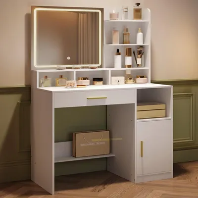 Produktbild von Schminktisch mit Spiegel und LED-Licht, Weiß, mit 3 Ablagen, 4 Fächern, Schublade und Schrank