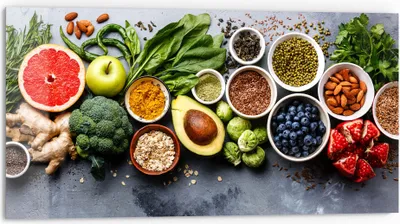 Produktbild von DEQORI Küchenrückwand Glas 80x40 cm 'Auswahl an Superfood' Spritzschutz Bad Rückwand