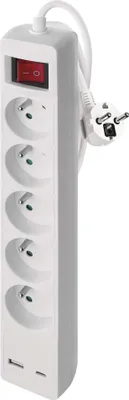 Prodlužovací kabel 3 m / 5 zásuvky / s vypínačem / bílý / 1×USB-A + 1×USB-C / 1,5 mm2