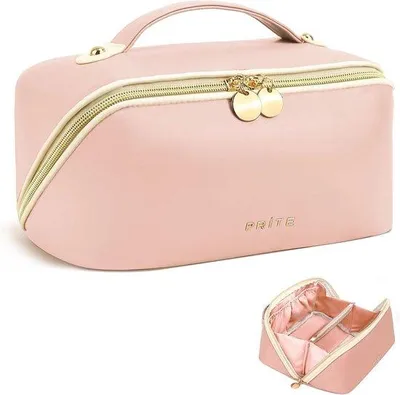 Produktbild von Große Kosmetiktasche, tragbare Reise-Make-up-Tasche, wasserdichtes Kunstleder, Kosmetiktasche mit transparenten Fächern und Tragegriff, Rosa, M