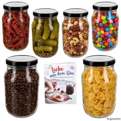 Produktbild von 6er Set Einmachglas 1,7L Vorratsglas TO 100 Deckel schwarz Rezeptheft