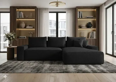 Produktbild von CORNERO Ecksofa mit Schlaffunktion CALIFORNIA in L-Form mit Bettkasten Sofa mit Schlaffunktion Couch mit Stauraum Schwarz Ottomane rechts
