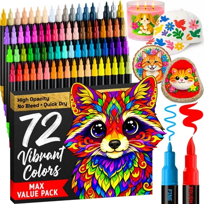 72 Acrylstifte Doppelspitze Pinsel + Fein – für Stoff, Stein, Glas, Holz