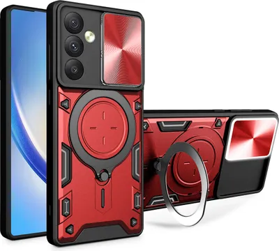 Produktbild von Handyhülle für Samsung Galaxy A34 5G Dual-Layer Stoßfest Rüstung Hülle mit Dia Kameraschutz und Kreisförmig Ring Ständer Rot