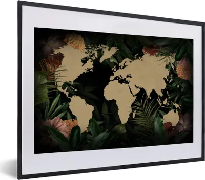 Produktbild von MuchoWow® MuchoWow® Gerahmtes Poster Weltkarte - Pflanzen - Blumen 60x40 cm - Poster mit zchwarzem Bilderrahmen - Schlafzimmer - Plakat in Rahmen - Drucken
