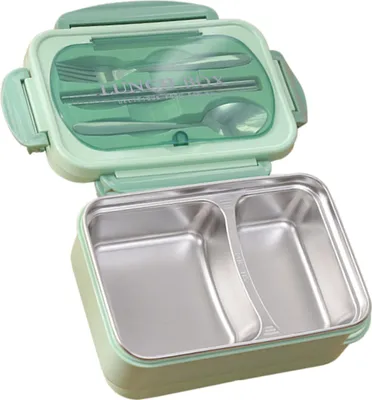 Produktbild von Tragbare Lunchbox aus 304 Edelstahl, auslaufsicher, geteilte Lebensmittelbehälter mit Löffel und Essstäbchen