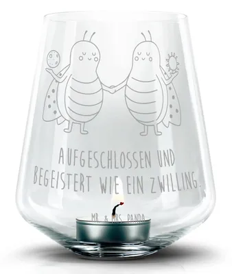 Produktbild von Mr. & Mrs. Panda glas kerzenhalter Sternzeichen Zwilling - Transparent - Geschenk, Zwillingsschwester, Laterne mit Gravur, Windlicht, Marienkäfer, Zwillinge, Glückskäfer