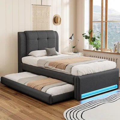 Productafbeelding van Merax gestoffeerd bed 90x200 cm met uitschuifbaar bed, LED-verlichting en opbergruimte in het hoofdeinde, gastenbed met lattenbodem, vlakke matras, grijs