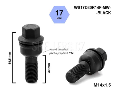 Obrázek produktu pro Kolový šroub M14x1,5x30 koule R14 pohyblivá, klíč 17, WS17D30R14-MW-BLACK, výška 59,5 mm