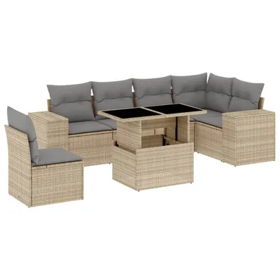 Produktbild von vidaXL 7-tlg. Garten-Sofagarnitur mit Kissen Beige Poly Rattan