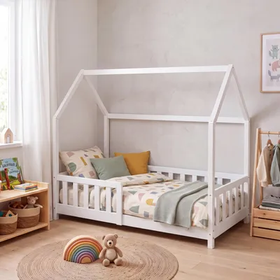 Produktbild von Hausbett ‘Hesel’ für Kinder mit Rausfallschutz 80 x 160 cm Kiefernholz Weiß