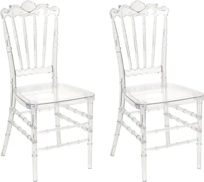 Two transparent plastic chairs are shown against a white background.