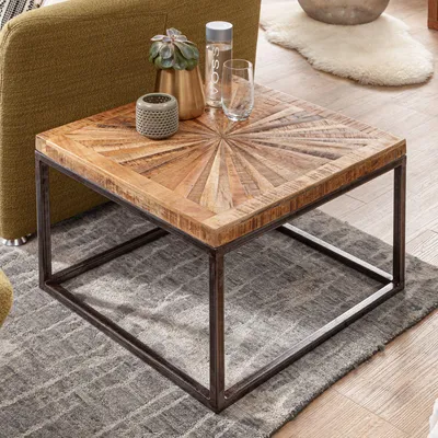 Produktbild von WOHNLING Couchtisch Mango Massivholz 55x41x55 cm Tisch mit Metallgestell Wohnzimmertisch Quadratisch im Industrial Design Massiver Sofatisch Modern