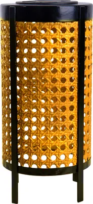 A cylindrical outdoor solar lamp with a black top and base, and a woven yellow cane-like material in the middle.