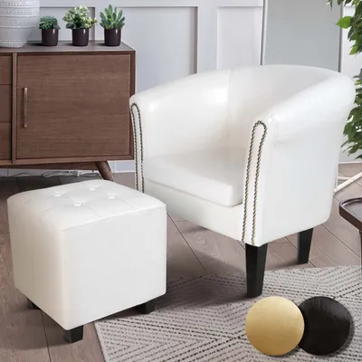 Produktbild von MIADOMODO® Chesterfield Sessel mit Hocker - aus Holz und Kunstleder, Kupfernieten, Weiß - Loungesessel inkl. Sitzhocker, Clubsessel, Armsessel, Cocktailsessel, Wohnzimmer Möbel