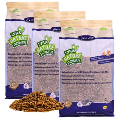 Three bags of pet food are shown, with a pile of the food in front of them.