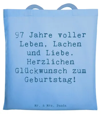 Produktbild von Mr. & Mrs. Panda Tote Bag Spruch 97. Geburtstag - Sky Blue - Geschenk, Tasche, Leben, 97, Geburtstagsfeier, Dankbarkeit, Beutel, dokumententasche, Liebe, Shopping, Alter
