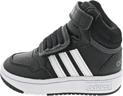 A black and white Adidas Hoops Mid 3.0 AC I sneaker is shown from the side against a white background.