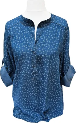 Produktbild von JEANSBLUSE geblümt 40 / 42 Mittelblau Bluse 3/4 Arm Tunika Italy Style