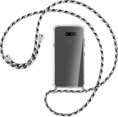 Produktbild von Handykette Backcover-Schutzhülle mit Band (Metall silberfarben) für LG G8X ThinQ - schwarz/grau/weiß