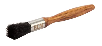 A cleaning brush with a wooden handle and black bristles, with the brand name 'ECM' visible on the metal ferrule.
