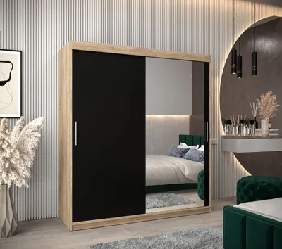 Produktbild von Schwebetürenschrank mit einer Breite von 180 cm TIMEA 2 – Eiche Sonoma / Schwarz