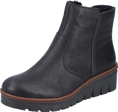A black leather boot on a white background.