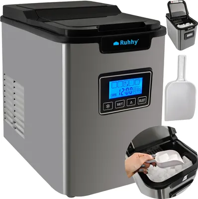 Produktbild von Eiswürfelmaschine mit Eiswürfelschaufel und Eiskorb 12 kg in 24 Std 9 Eiswürfel in 6-13 min 3 Eiswürfelgrößen 2,2 Liter Wassertank Edelstahl 5536