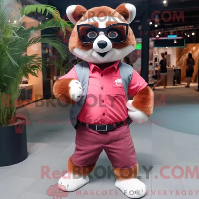 Produktbild von Maskottchen REDBROKOLY eines rosaroten Pandas mit Oxford-Hemd und Sonnenbrille