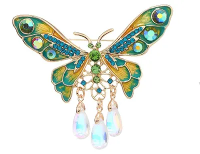 Vlinder-Brosche mit Strass und Quaste, Kristall, Metall