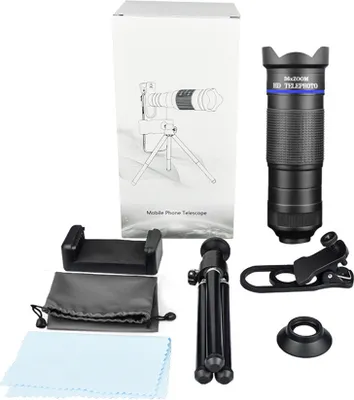 Obrázek produktu pro sada 36x telefonního teleobjektivu s mini stativem, klipem na telefon, držákem na telefon, brašnou na objektiv, čisticím hadříkem pro turistiku, kempování, pozorování divoké přírody, Měsíc, sport, hry, sledování koncertů