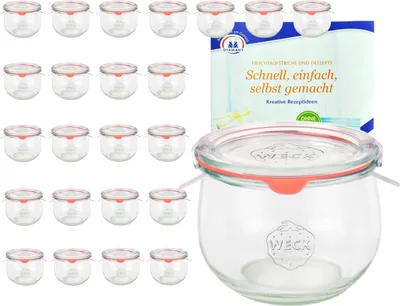 Produktbild von sada 24 sklenic Weck 580 ml Tulipánové sklenice 1/2 l s 24 skleněnými víčky, 24 zavařovacími kroužky a 48 svorkami