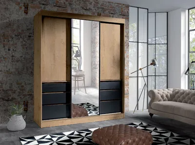 Produktbild von Kleiderschrank Schiebetürenschrank HAITI 180 cm Eiche Lefkas mit Spiegel