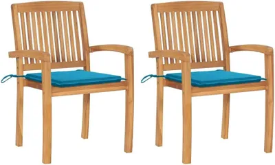 Produktbild von 2 Gartenstühle aus massivem Teakholz mit blauen Kissen