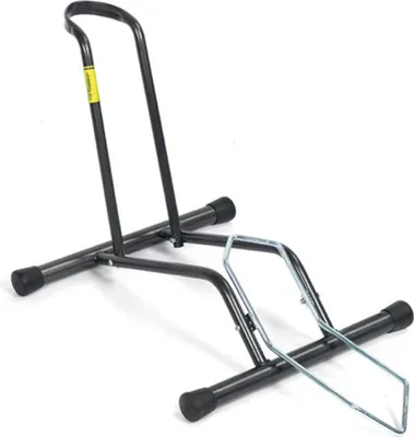 A black metal bicycle stand on a white background.