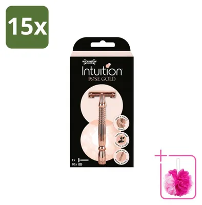 Productafbeelding van 15 x Wilkinson Sword Intuition veiligheidsscheermes in rosé goud, met 10 reservemesjes - voordeelpakket - 15 stuks