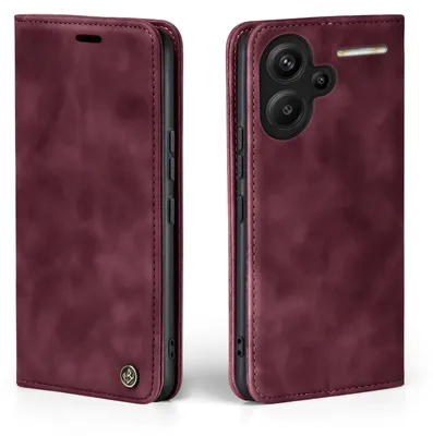 A burgundy flip case for a smartphone is shown from two angles.