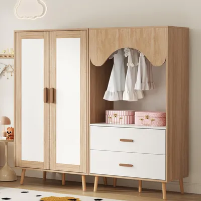 Produktbild von MODFU Kinderkleiderschrank-Set mit Zweitüriger Kleiderschrank und offener Kleiderschrank Schlafzimmermöbel mit 2 Schubladen und Kleiderstange Offener Stauraum Natur+Weiß
