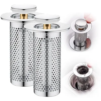 Produktbild von 2er-Set Waschbecken-Stöpsel mit Haarfänger, Pop-up Abflussfilter aus Edelstahl mit herausnehmbarem Filterkorb, ideal für Waschbecken als Ersatz.