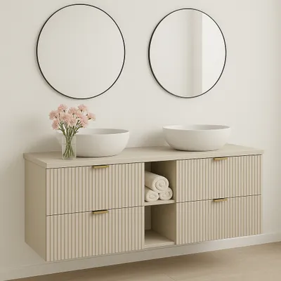 Produktbild von WENA Waschtischunterschrank 140 cm, geriffelte Fronten, Griffe aus Metall in der Farbe Gold (Farbe: Kaschmir)