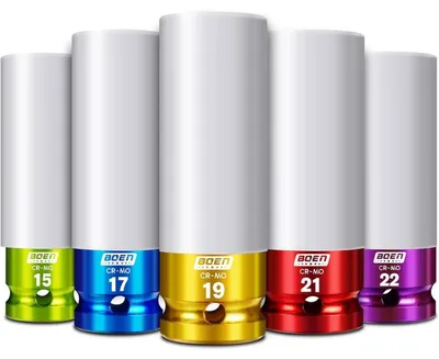 Productafbeelding van Schlagschroefdoppenset, 5-delig, 1/2" aandrijving, Cr-Mo, dunwandig, voor bescherming van aluminium velgen, 15-22mm, in verschillende kleuren