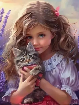 Produktbild von Diamantmosaik, kleines Mädchen mit Katze, 30x40 cm, kreative Diamanten