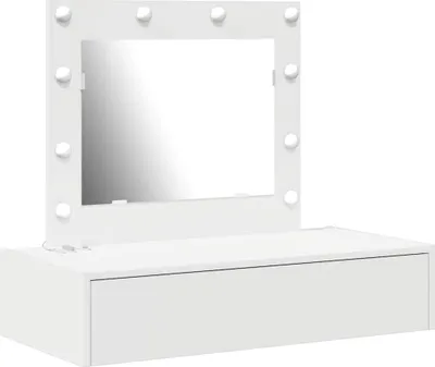 A white vanity table with a lighted mirror and a drawer.