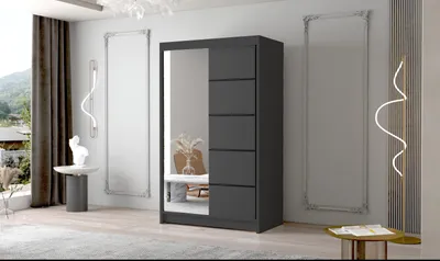 Produktbild von Schwebetürenschrank Letto III 100 cm mit Spiegel - Groß Kleiderschrank, Schiebetürenschrank mit Kleiderstange und Einlegeboden, Schlafzimmerschrank, Schiebetüren, 100x200x58 cm (Schwarz)