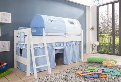 Produktbild von Relita Halbhohes Spielbett Kim Buche massiv weiß lackiert mit Textil-Set, hellblau/weiß