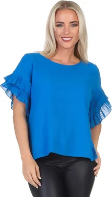 Produktbild von 389 Modisches Baumwollshirt mit Volant-Ärmeln – Einheitsgröße passt 36-42 Royalblau