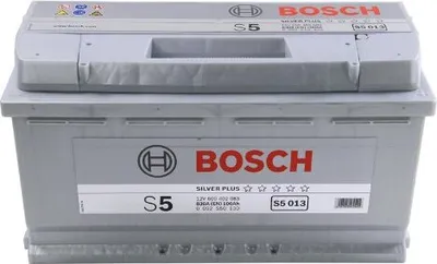 A Bosch S5 Silver Plus car battery is shown against a white background.