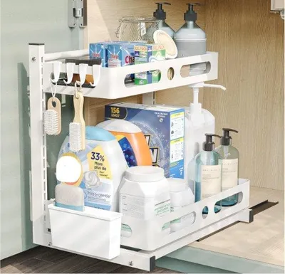 Image de Rangement de cuisine sous évier, rangement à deux niveaux pour placard de cuisine, planche de cuisine, étagère sous lavabo, rangement coulissant pour cuisine/salle de bains, hauteur réglable, blanc